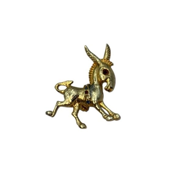 Vtg Donkey Pin Brooch Burro Gold Tone Rhinestone Frisky Whimsical Big Ears - Picture 2 of 7